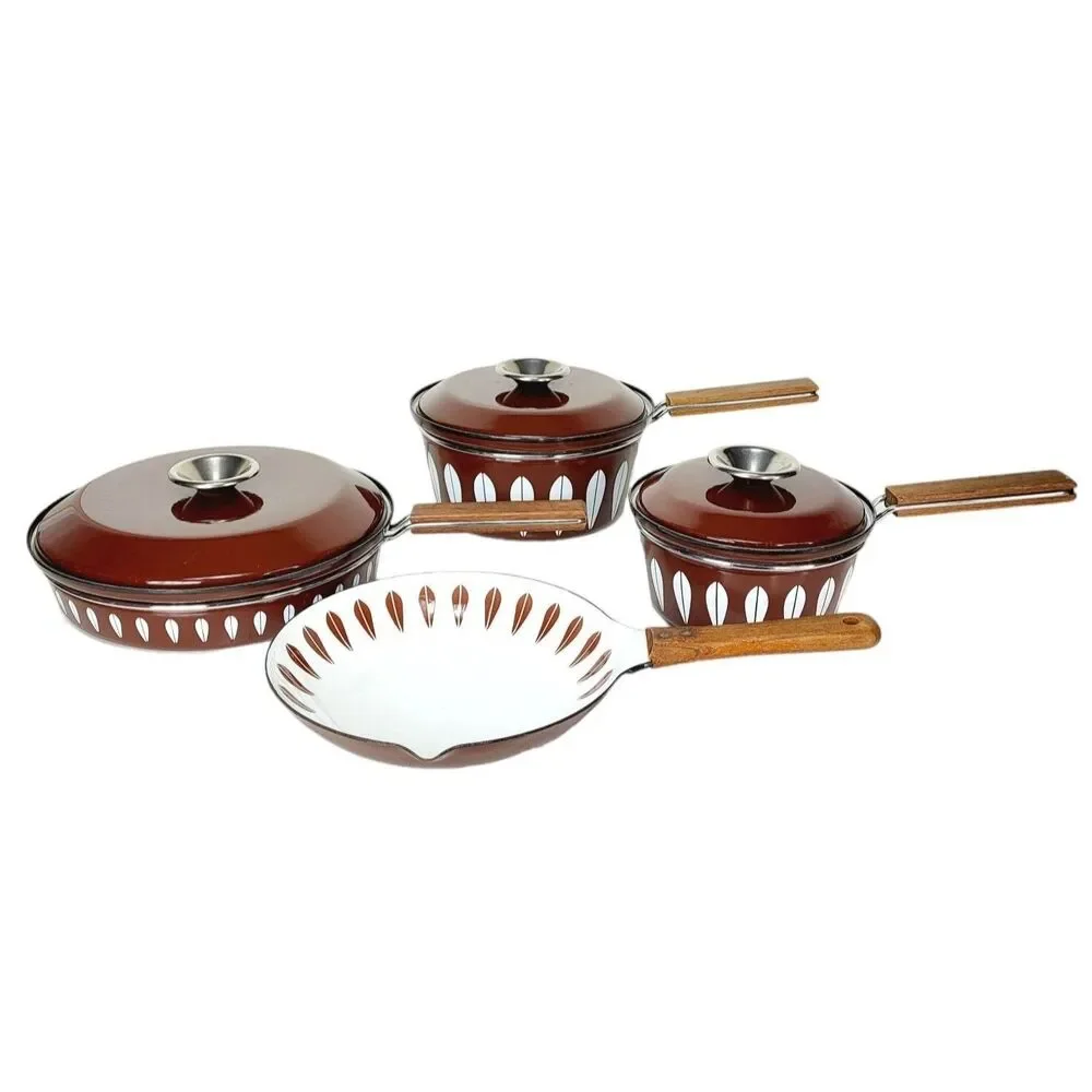 Vintage MCM Catherine Holm of Norway Brown Lotus Enamelware Pot & Pan 7 Pc Set